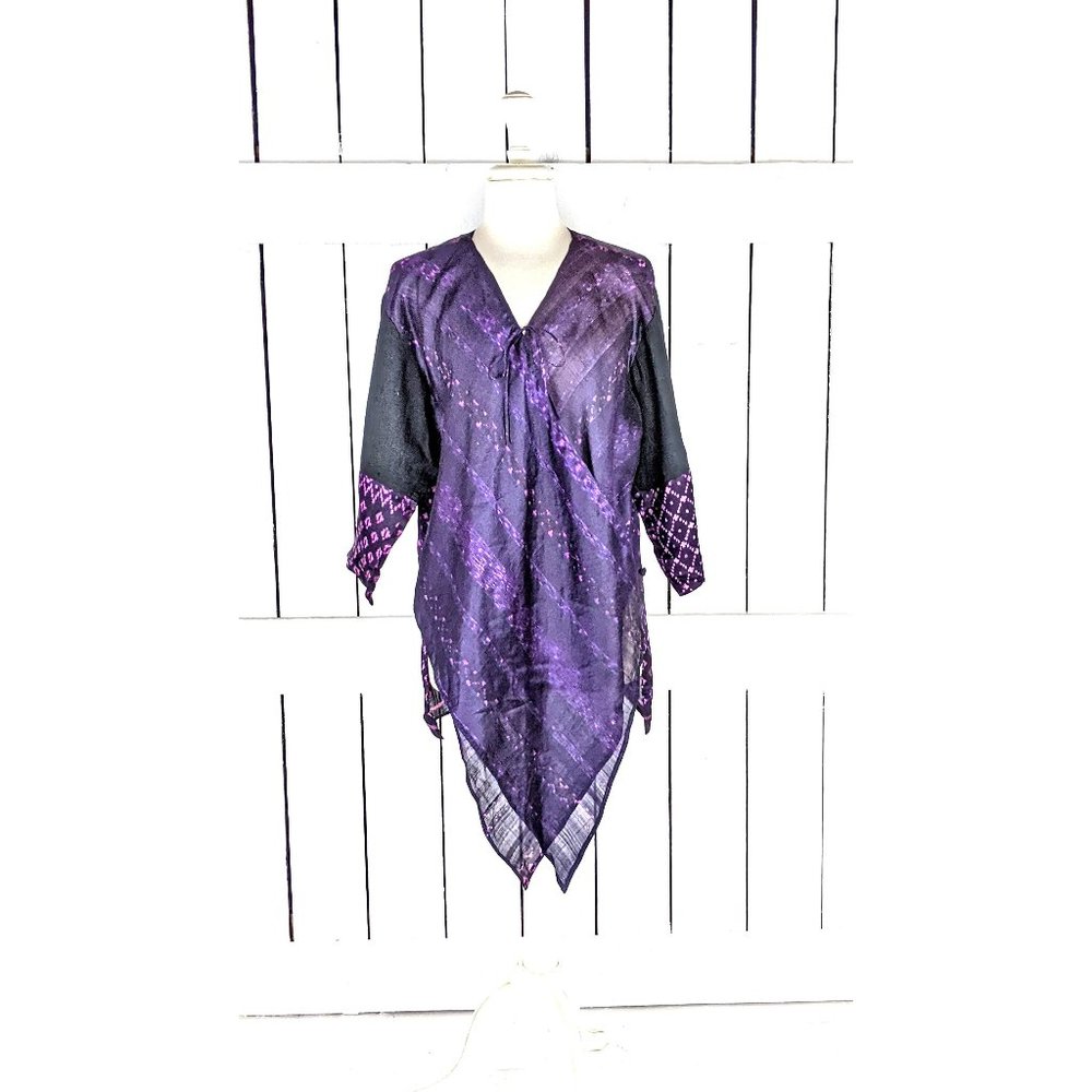 Nuntana Chiang Mai purple Thai silk Ikat tribal print long sleeve wrap blouse